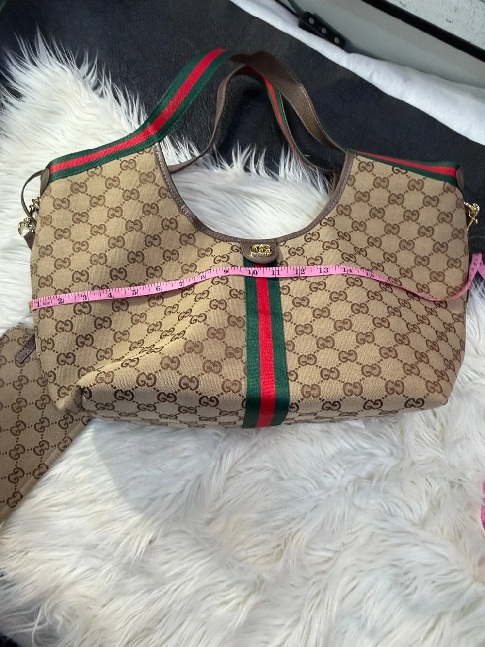 Beige Supreme Canvas Tote with Green and Red Stripe Accent